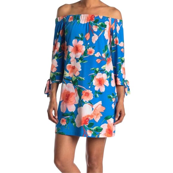 Vince Camuto Size 8 Dress Shift Blue Pink Floral Off Shoulder Tie‎ Sleeve 1268 - Picture 1 of 12